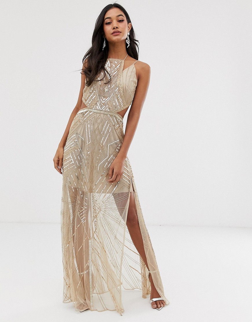 ASOS DESIGN maxi dress with geometric embellishment and sheer panels-Gold
