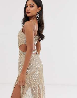 geometric embellished sequin bodice maxi dress