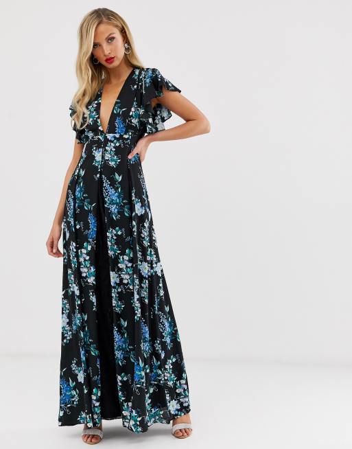 ASOS DESIGN maxi dress with godet lace inserts in black based floral print