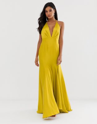 ASOS DESIGN maxi dress with halter neck and drape skirt detail in satin ...