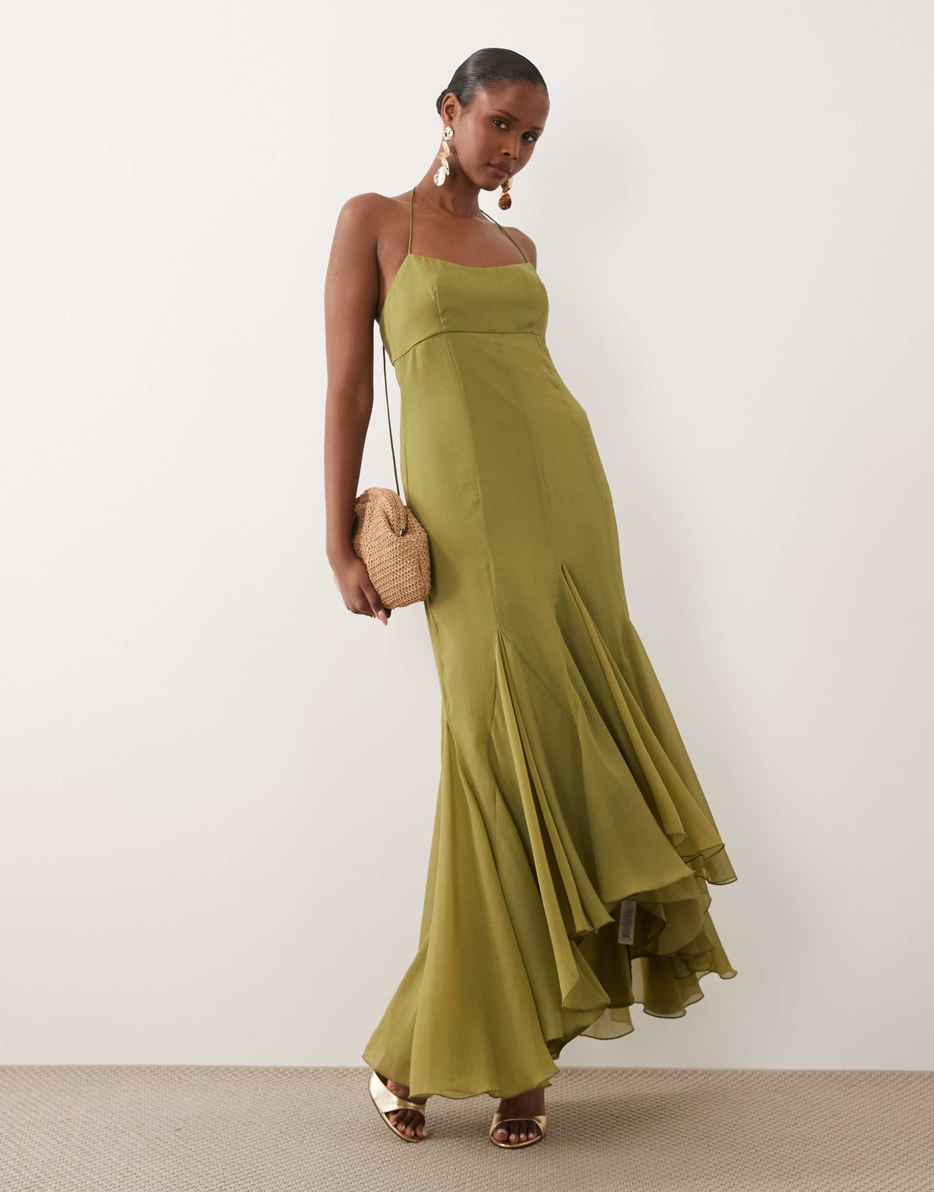 asos design maxi dress with high-low volume hem in olive