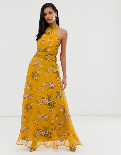 ASOS DESIGN maxi dress with high neck and drape waist detail in mustard  floral