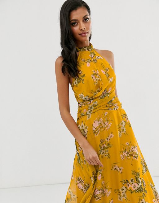 ASOS DESIGN maxi dress with high neck and drape waist detail in mustard  floral