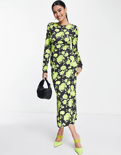 Women maxi dress with lace up back detail in bright lime floral 
