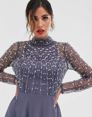 asos design maxi dress with long sleeve embellished bodice