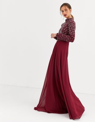 asos design maxi dress with long sleeve embellished bodice