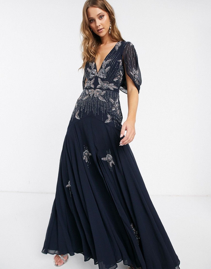 ASOS DESIGN maxi dress with linear sequin and floral beading-Navy