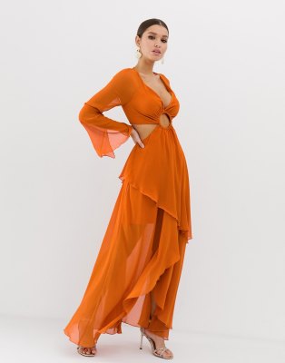 asos design maxi dress with long sleeve and circle trim detail