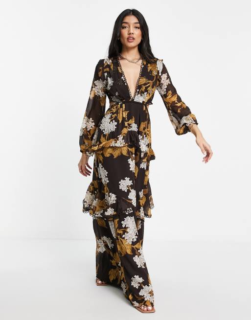 Floral Print Plunge Long Sleeve Maxi Dress