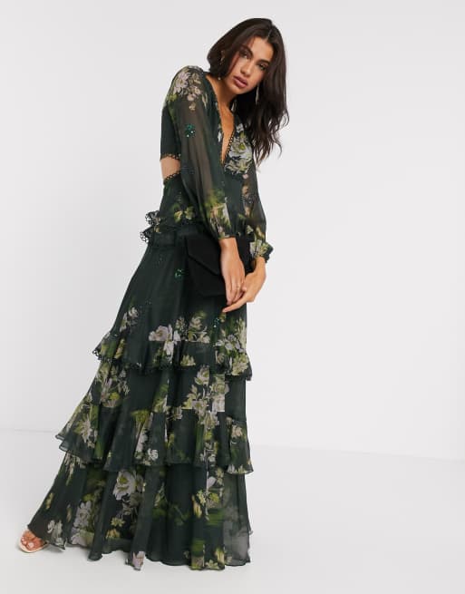 Asos design dipped hem maxi dress hotsell with 3d embellishment and ruffle sleeve