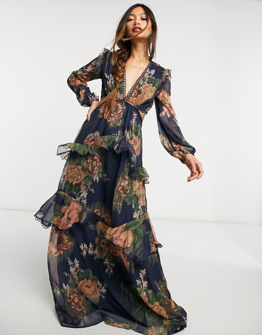 Asos Design Maxi Dress With Long Sleeve And Circle Trim In Floral Print And Embellishment-multi
