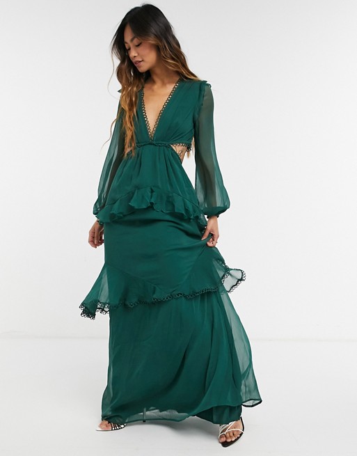 ASOS DESIGN maxi dress with long sleeve and circle trim in forest green