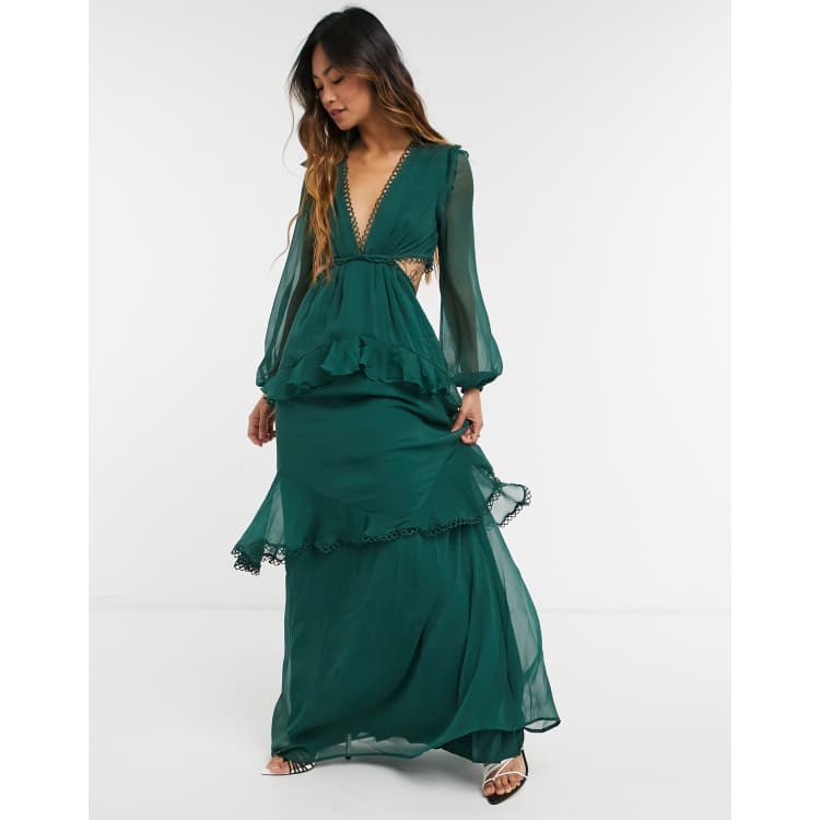 slim fit dress slacks Asos Edition Textured Cami Midi Dress With Cut Out And Tiered Hem In Olive  Green main image 1