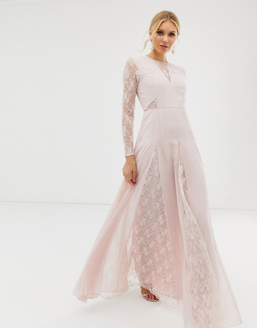 ASOS DESIGN maxi dress with long sleeve and lace paneled bodice-Pink