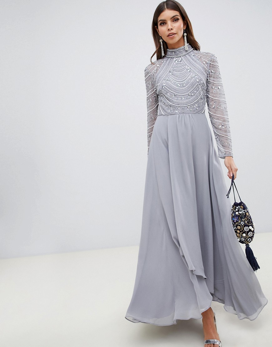 ASOS DESIGN maxi dress with long sleeve embellished bodice-Grey