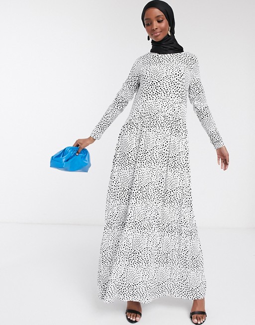 ASOS DESIGN maxi dress with long sleeves in mono spot print