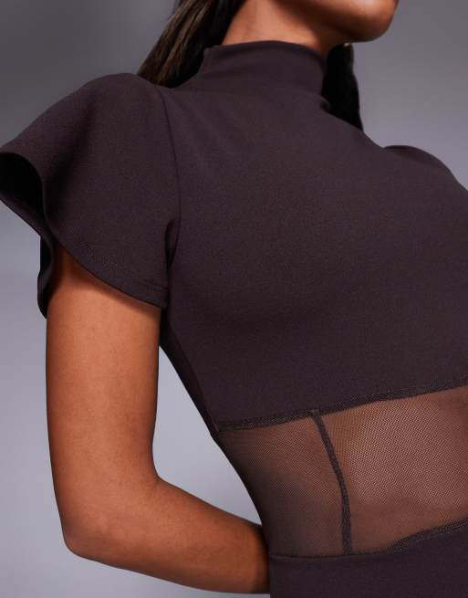 ASOS DESIGN maxi dress with mesh corset seam detail in chocolate, 2 of 4