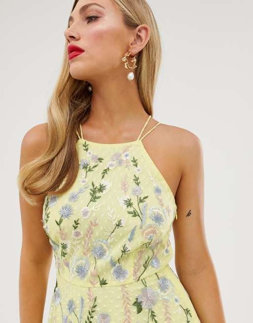 Asos Design Petite Halterneck Pretty Embroidered Floral And Sequin Mesh  Maxi Dress