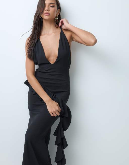 ASOS DESIGN maxi dress with plunge neckline and ruffle detail in black, 3 of 5