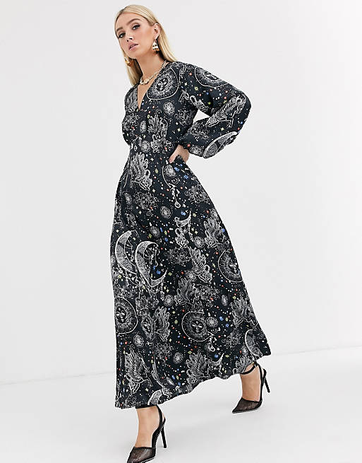ASOS DESIGN maxi dress with puff sleeves in satin astrological print
