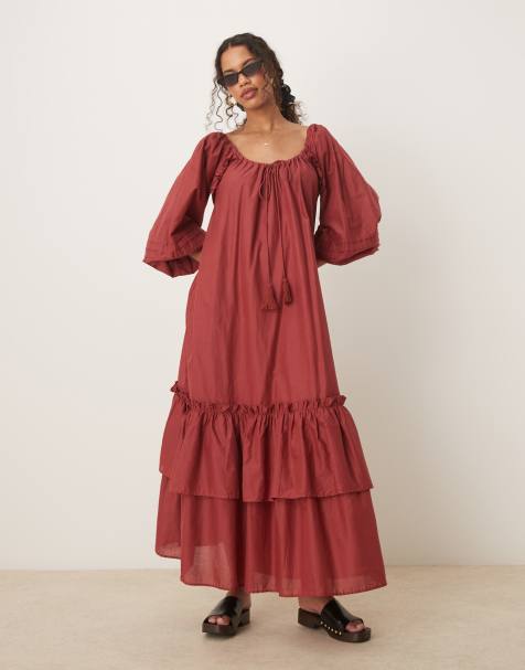 ASOS DESIGN maxi dress with ruched channel neckline and tiered hem in rust - view 1