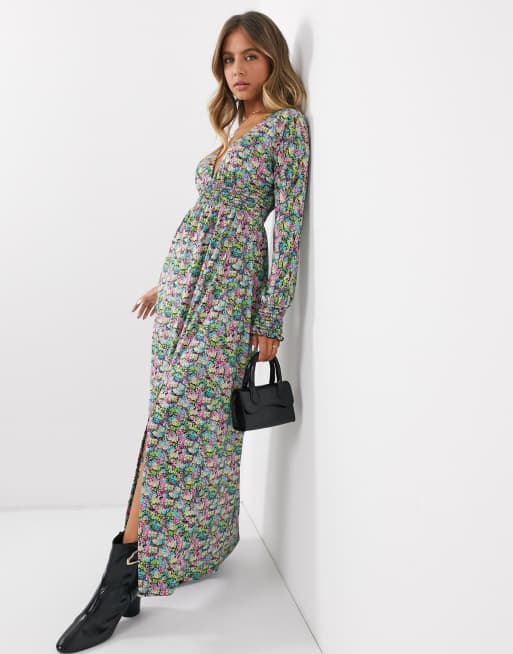 asos design shirred maxi dress in ditsy floral ASOS DESIGN shirred bust maxi dress in black ditsy floral print  DePosh