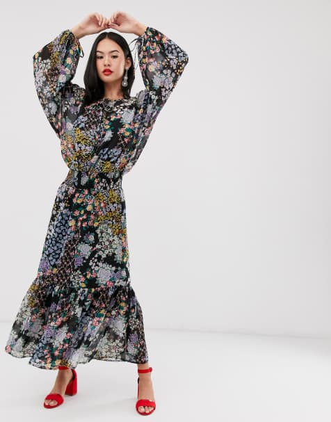 ASOS DESIGN maxi dress with shirred waist in grunge ditsy floral print