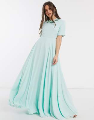 asos design dipped hem maxi dress with 3d embellishment and ruffle sleeve