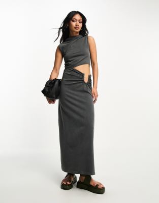 Asos Design Maxi Dress With Side Cut Out And Gold Trim In Washed Gray
