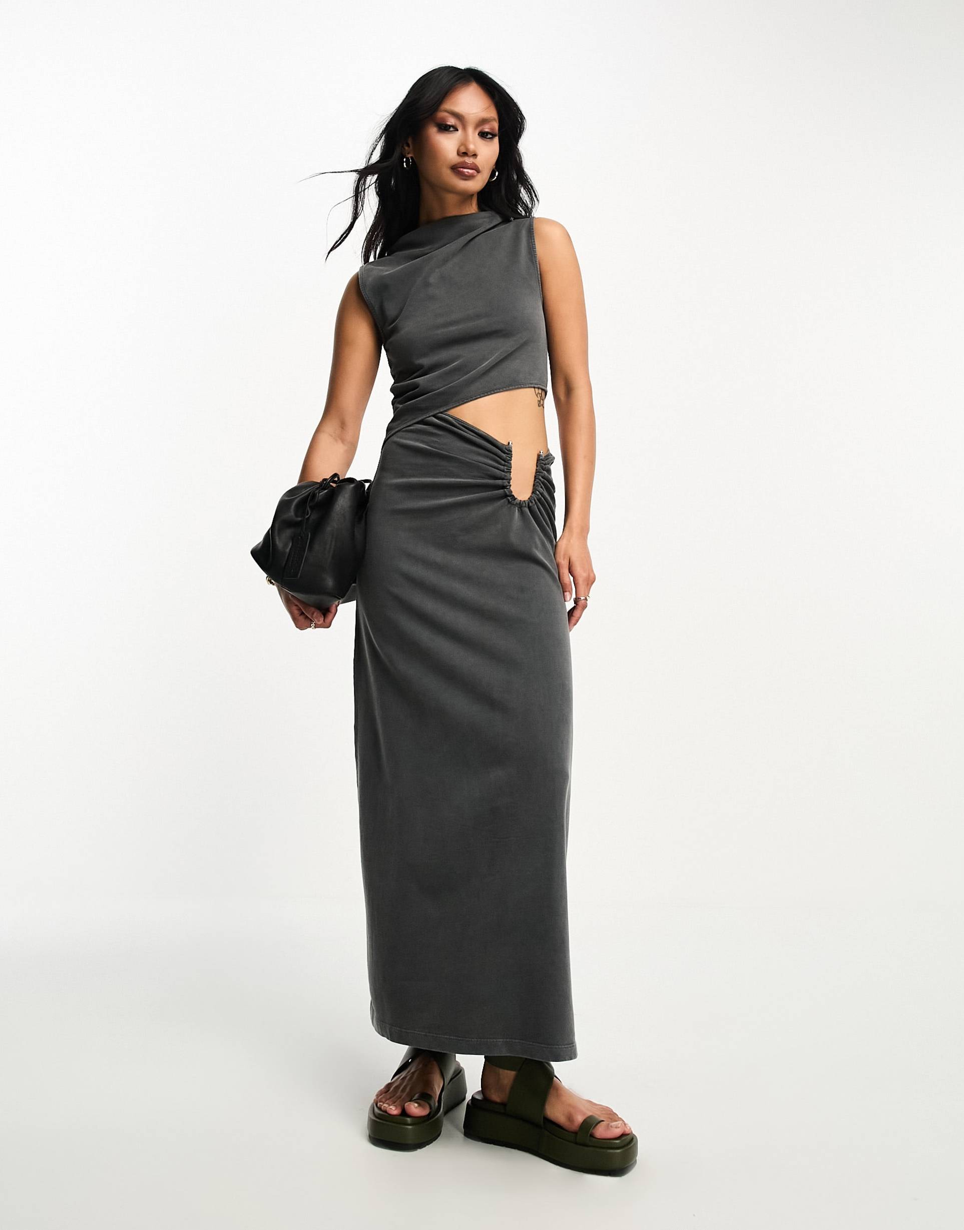 asos design maxi dress with side cut out and gold trim in washed gray