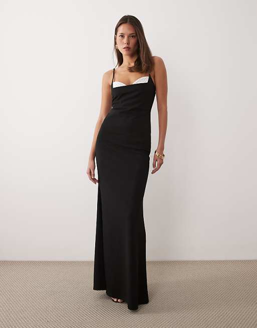 ASOS DESIGN maxi dress with skinny straps and polka dot bust detail in black
