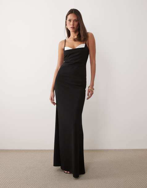 ASOS DESIGN maxi dress with skinny straps and polka dot bust detail in black