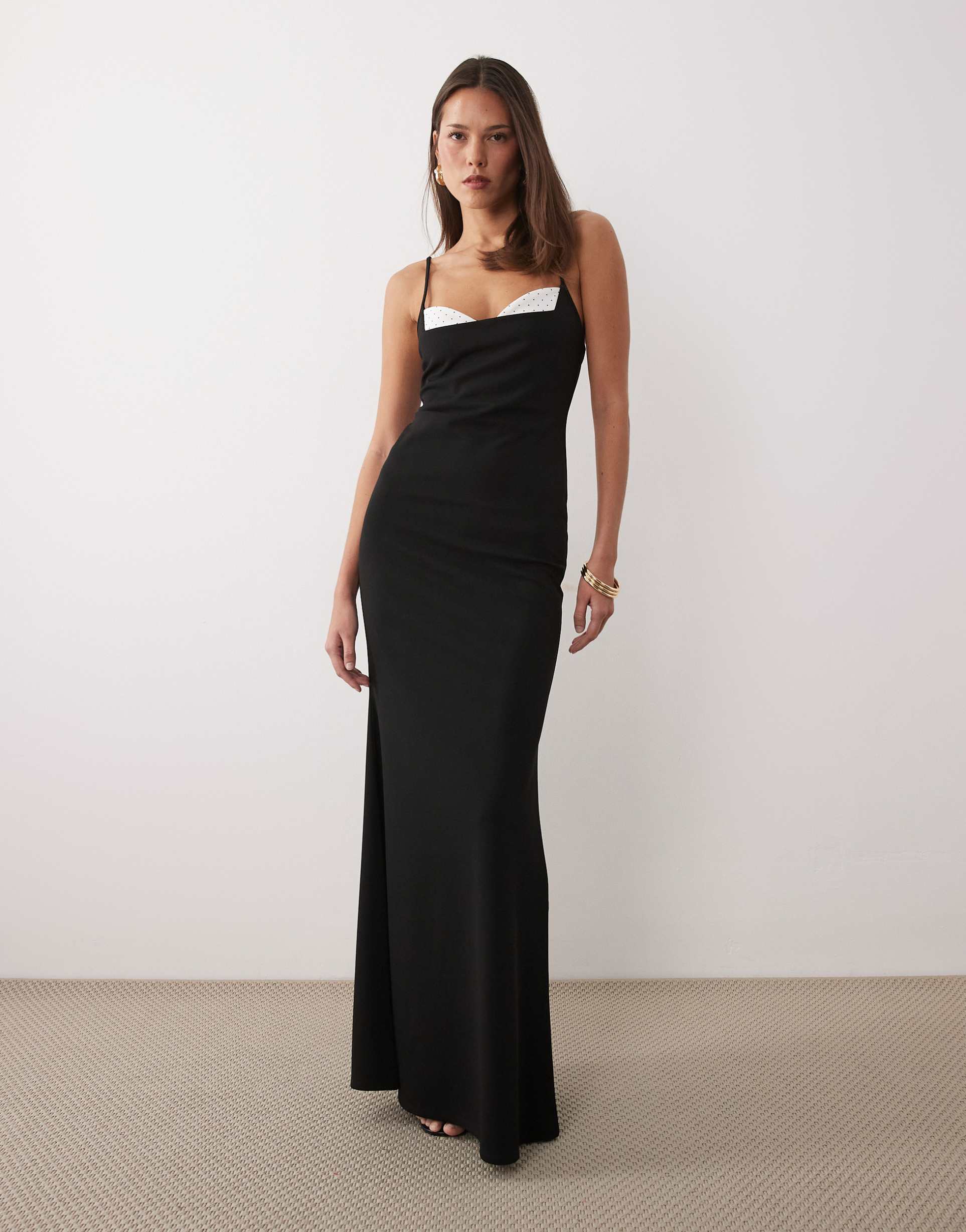 asos design maxi dress with skinny straps and polka dot bust detailing in black