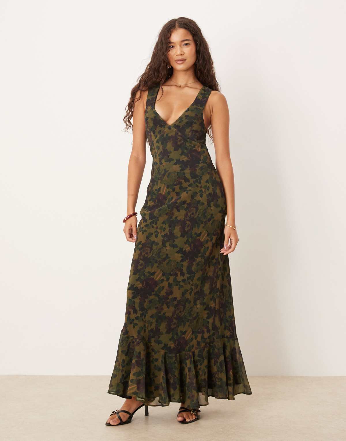 ASOS DESIGN maxi dress with strap back detail and frill hem in floral print