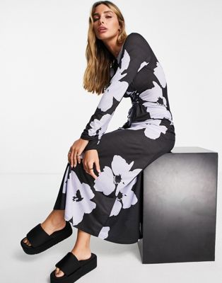 ASOS DESIGN maxi dress with tie detail in black and blue floral
