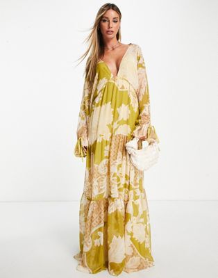 ASOS DESIGN maxi dress with tie waist in oversized green floral print