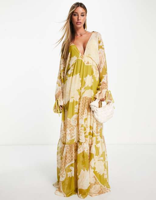 ASOS DESIGN maxi dress with tie waist in oversized green floral print ...