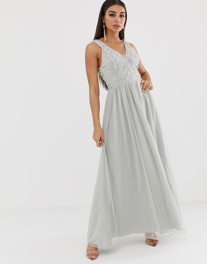 ASOS DESIGN maxi dress with tulle skirt and embellished and pearl bodice-Blue