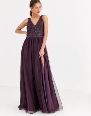 asos design maxi dress with tulle skirt and embellished and pearl bodice