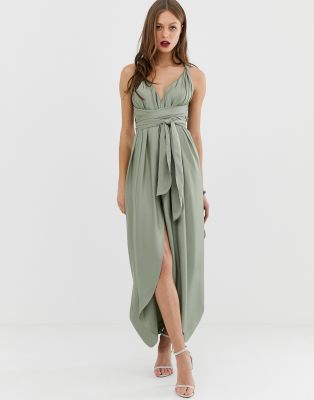 ASOS DESIGN maxi dress with wrap waist with horn detail in satin-Green