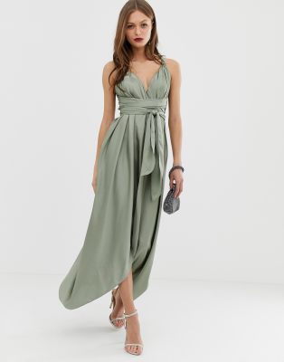 asos design maxi dress with wrap waist with horn detail in satin