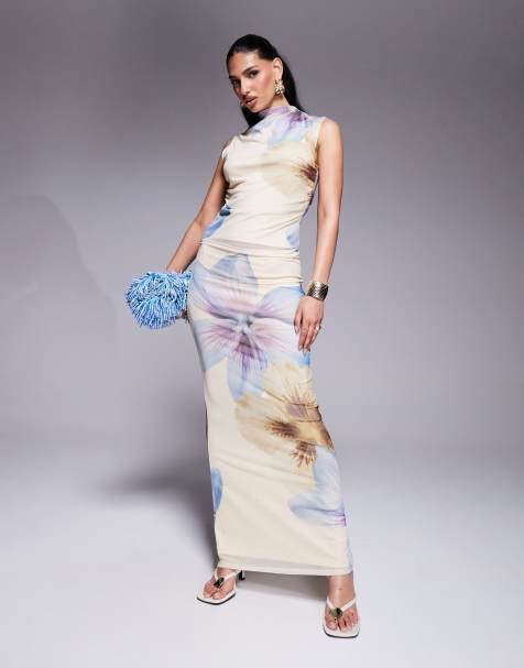 ASOS DESIGN maxi floral printed mesh low rise skirt co ord in buttermilk