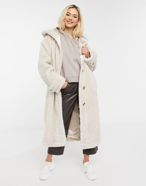 ASOS DESIGN - Maxi-frakke med hætte i cremefarvet dyffel