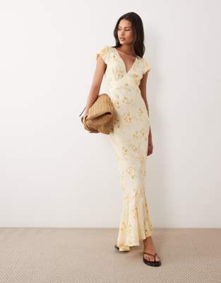 ASOS DESIGN - Maxi-Freizeitkleid in Gelb mit Puffärmeln, V-Ausschnitt und Blumenmuster