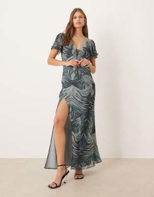 ASOS DESIGN - Maxi-Freizeitkleid in Grau mit Zebramuster, gebundener Vorderseite und Spitzenbesatz-Bunt