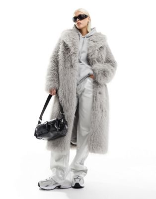 ASOS DESIGN maxi fur coat in grey