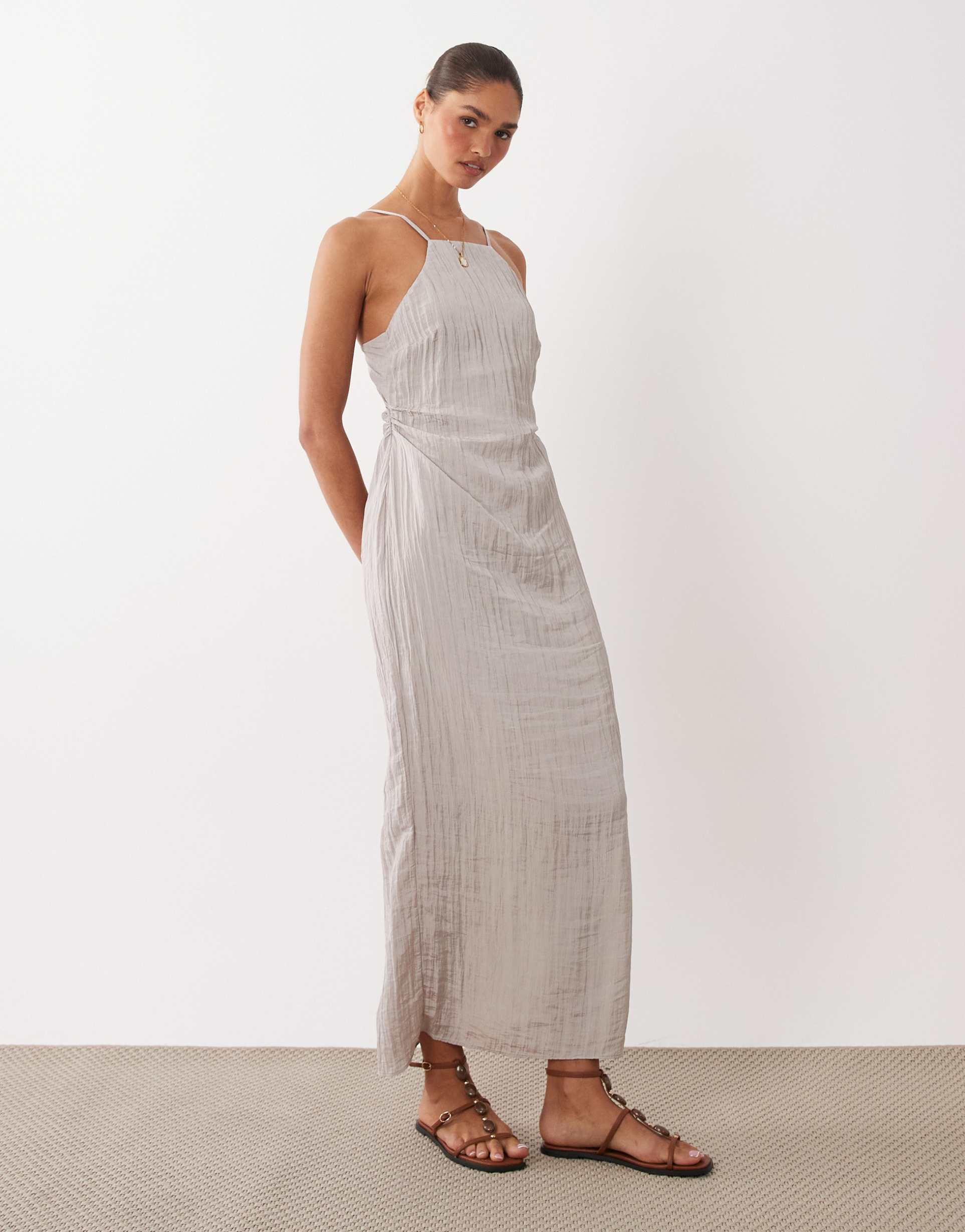 asos design maxi halter dress in techy crinkle fabric in natural