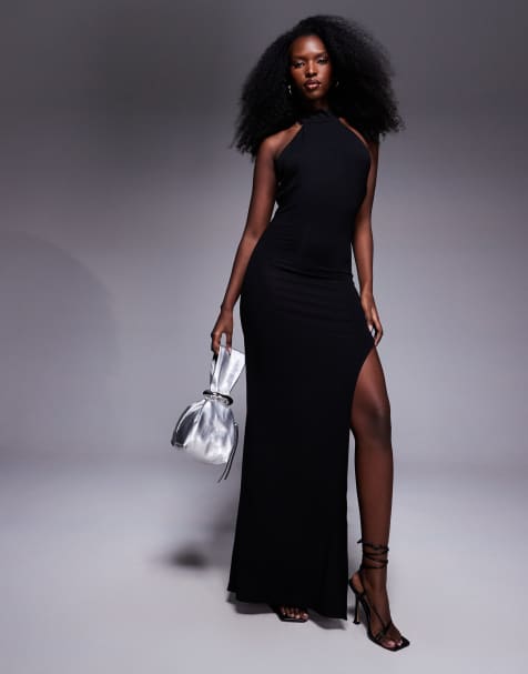 ASOS DESIGN maxi halter dress with extreme thigh split in black - view 1