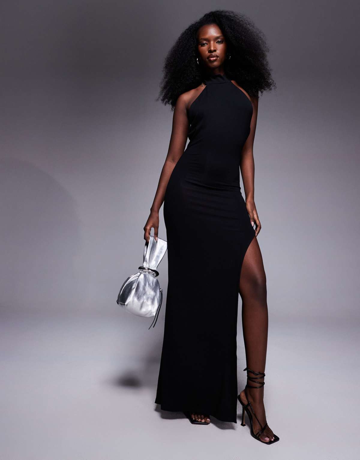 ASOS DESIGN maxi halter dress with extreme thigh split in black