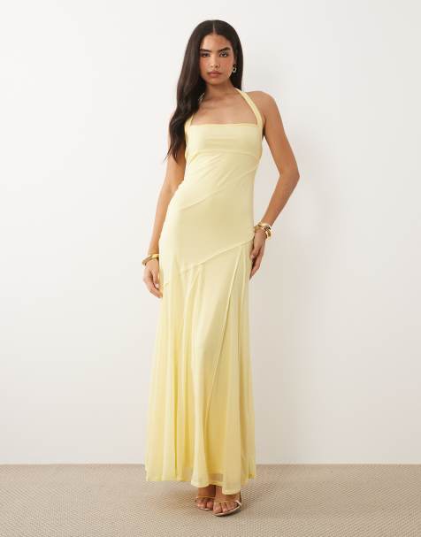 ASOS DESIGN - Maxi halterjurk van chiffon met stretch en onafgewerkte naden in citroengeel - view 1